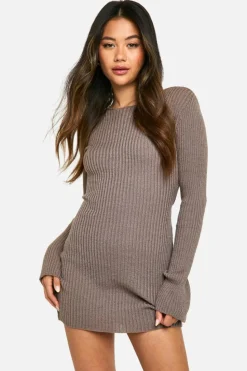 Mini Dresses|Jumper Dresses*boohoo Rib Knit Flare Sleeve Mini Dress mocha