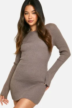 Mini Dresses|Jumper Dresses*boohoo Rib Knit Flare Sleeve Mini Dress mocha