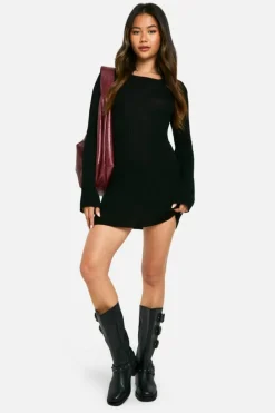 Mini Dresses|Jumper Dresses*boohoo Rib Knit Flare Sleeve Mini Dress black