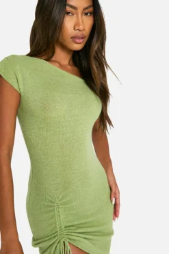 Jumper Dresses|Jumper Dresses*boohoo Rib Knit One Shoulder Ruched Mini Dress lime