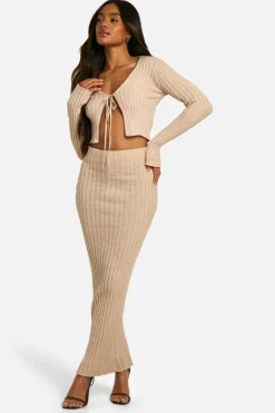 Cardigans*boohoo Rib Knit Tie Front Knitted Cardigan camel