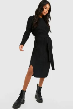 Jumper Dresses|Jumper Dresses*boohoo Rib Knit Tie Waist Midaxi Dress black