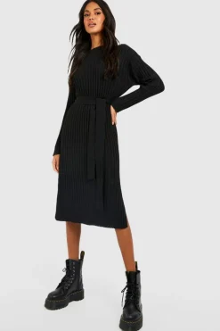 Jumper Dresses|Jumper Dresses*boohoo Rib Knit Tie Waist Midaxi Dress black