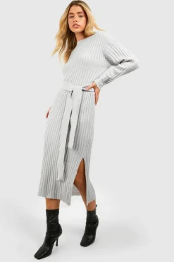 Jumper Dresses|Jumper Dresses*boohoo Rib Knit Tie Waist Midaxi Dress silver