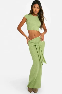 Knitted Co-Ords|Skirts*boohoo Rib Knit Top & Draped Maxi Skirt Co-ord lime