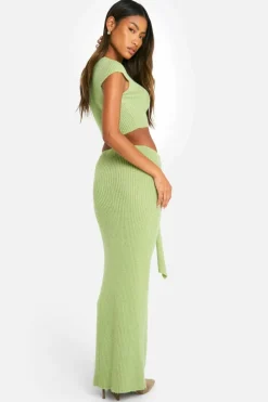 Knitted Co-Ords|Skirts*boohoo Rib Knit Top & Draped Maxi Skirt Co-ord lime