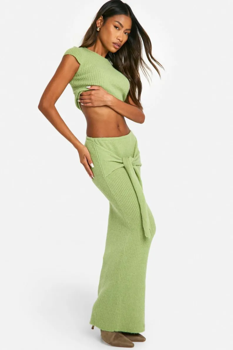 Knitted Co-Ords|Skirts*boohoo Rib Knit Top & Draped Maxi Skirt Co-ord lime