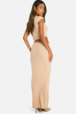 Knitted Co-Ords*boohoo Rib Knit Top & Draped Maxi Skirt Co-ord beige