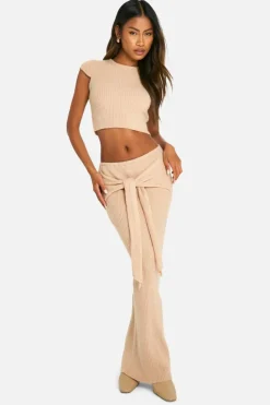 Knitted Co-Ords*boohoo Rib Knit Top & Draped Maxi Skirt Co-ord beige