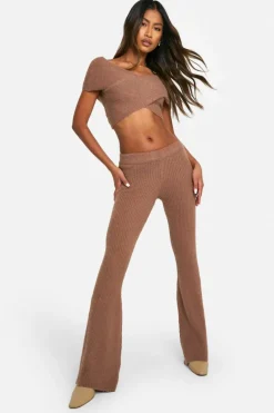Knitted Co-Ords|Trousers*boohoo Rib Knit Wrap Top & Flare Trouser Co-ord mocha