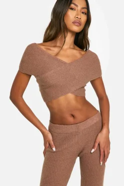 Knitted Co-Ords|Trousers*boohoo Rib Knit Wrap Top & Flare Trouser Co-ord mocha