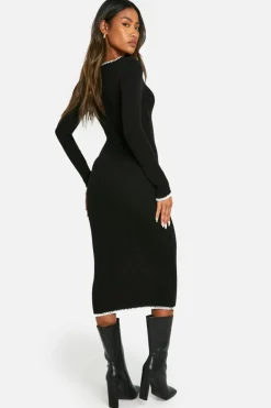 Long Sleeve Dresses|Long Sleeve Dresses*boohoo Rib Knitted Blanket Stitch Midaxi Dress black