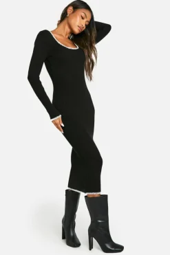 Long Sleeve Dresses|Long Sleeve Dresses*boohoo Rib Knitted Blanket Stitch Midaxi Dress black