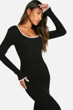 Long Sleeve Dresses|Long Sleeve Dresses*boohoo Rib Knitted Blanket Stitch Midaxi Dress black