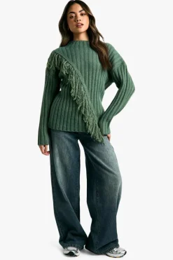 Jumpers|Up To 80% Off Winter Warmers*boohoo Rib Knitted Fringe Detail Jumper khaki