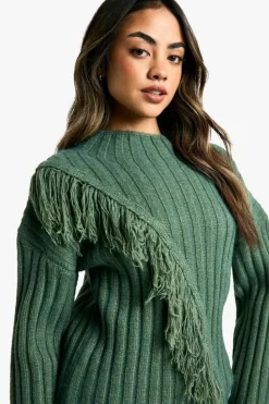 Jumpers|Up To 80% Off Winter Warmers*boohoo Rib Knitted Fringe Detail Jumper khaki
