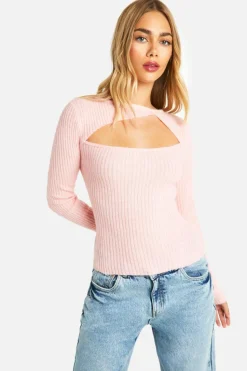 Knitted Tops*boohoo Rib Knitted Long Sleeve Top light pink