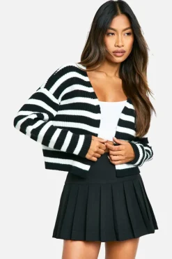 Cardigans*boohoo Rib Knitted Striped Crop Cardigan black