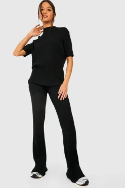 Knitted Co-Ords|Knitwear*boohoo Rib Knitted Tunic And Wide Leg Trouser Set black