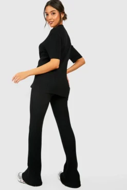 Knitted Co-Ords|Knitwear*boohoo Rib Knitted Tunic And Wide Leg Trouser Set black