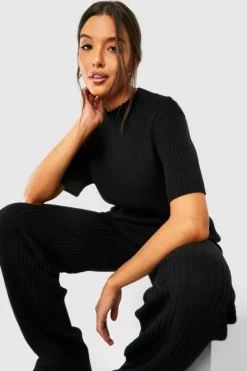 Knitted Co-Ords|Knitwear*boohoo Rib Knitted Tunic And Wide Leg Trouser Set black