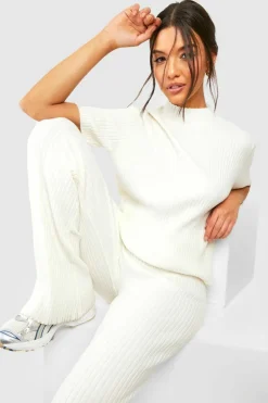 Knitted Co-Ords*boohoo Rib Knitted Tunic And Wide Leg Trouser Set ecru