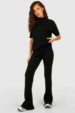 Knitted Co-Ords*boohoo Rib Knitted Tunic And Wide Leg Trouser Set black