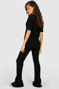 Knitted Co-Ords*boohoo Rib Knitted Tunic And Wide Leg Trouser Set black
