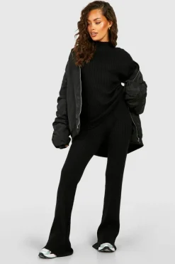 Knitted Co-Ords*boohoo Rib Knitted Tunic And Wide Leg Trouser Set black
