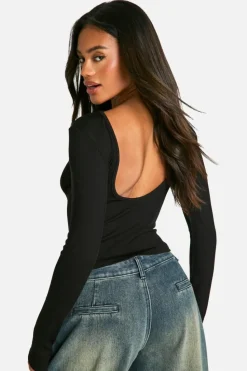 Long Sleeve Tops*boohoo Rib Open Back Long Sleeve Top black