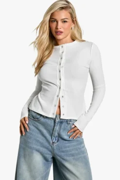 Long Sleeve Tops*boohoo Rib popper front long sleeve top white