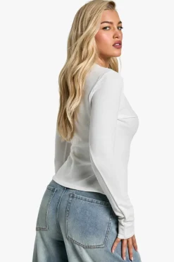 Long Sleeve Tops*boohoo Rib popper front long sleeve top white