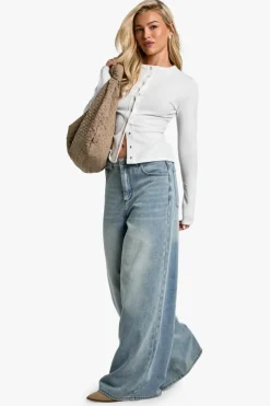 Long Sleeve Tops*boohoo Rib popper front long sleeve top white