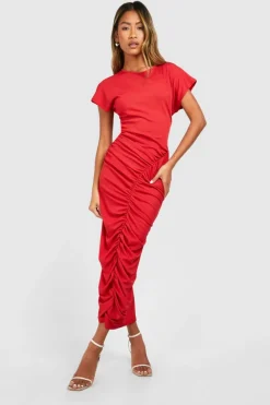 Bodycon Dresses*boohoo Rib Ruched Maxi Dress red