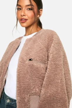 Up To 80% Off Winter Warmers|Bomber Jackets*boohoo Rib Teddy Bomber Jacket mushroom