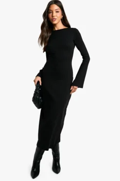 Long Sleeve Dresses|Long Sleeve Dresses*boohoo Rib Tie Back Midaxi Dress black