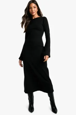 Long Sleeve Dresses|Long Sleeve Dresses*boohoo Rib Tie Back Midaxi Dress black