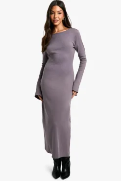 Long Sleeve Dresses|Long Sleeve Dresses*boohoo Rib Tie Back Midaxi Dress grey