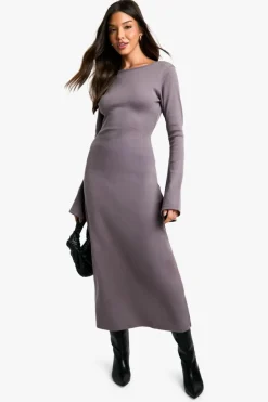 Long Sleeve Dresses|Long Sleeve Dresses*boohoo Rib Tie Back Midaxi Dress grey