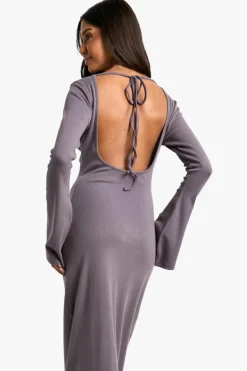 Long Sleeve Dresses|Long Sleeve Dresses*boohoo Rib Tie Back Midaxi Dress grey
