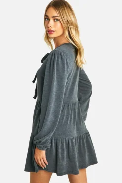 Smock Dresses*boohoo Rib Tie Front Smock Dress charcoal