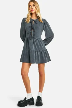 Smock Dresses*boohoo Rib Tie Front Smock Dress charcoal