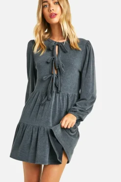 Smock Dresses*boohoo Rib Tie Front Smock Dress charcoal