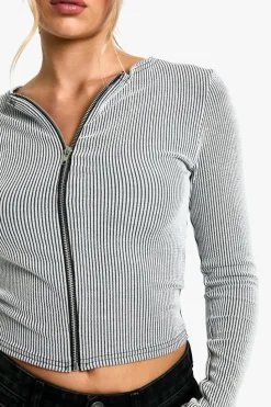 Long Sleeve Tops*boohoo Rib zip front long sleeve Top grey