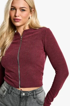 Long Sleeve Tops*boohoo Rib zip front long sleeve Top burgundy