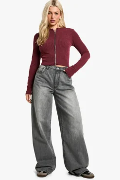Long Sleeve Tops*boohoo Rib zip front long sleeve Top burgundy