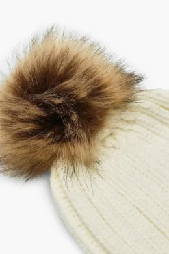 Hats & Gloves|Hats & Gloves*boohoo Ribbed Knit Beanie With Large Faux Fur Pom cream