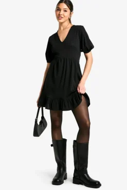 Smock Dresses*boohoo Ribbed Puff Sleeve V Neck Tiered Smock Dress black