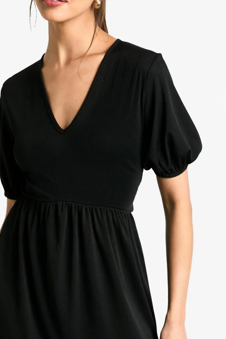 Smock Dresses*boohoo Ribbed Puff Sleeve V Neck Tiered Smock Dress black