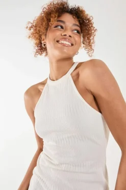 Midi Dresses*Pink Vanilla Ribbed Texture Racer Midi Dress Ivory